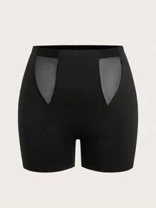 SHEIN EZwear Leggings moldeadores de talla grande con cintura alta, de tela de malla y parches, para el verano - Negro - Ver 4