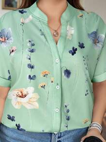 SHEIN LUNE 大码女式花卉印花短袖衬衫，夏季