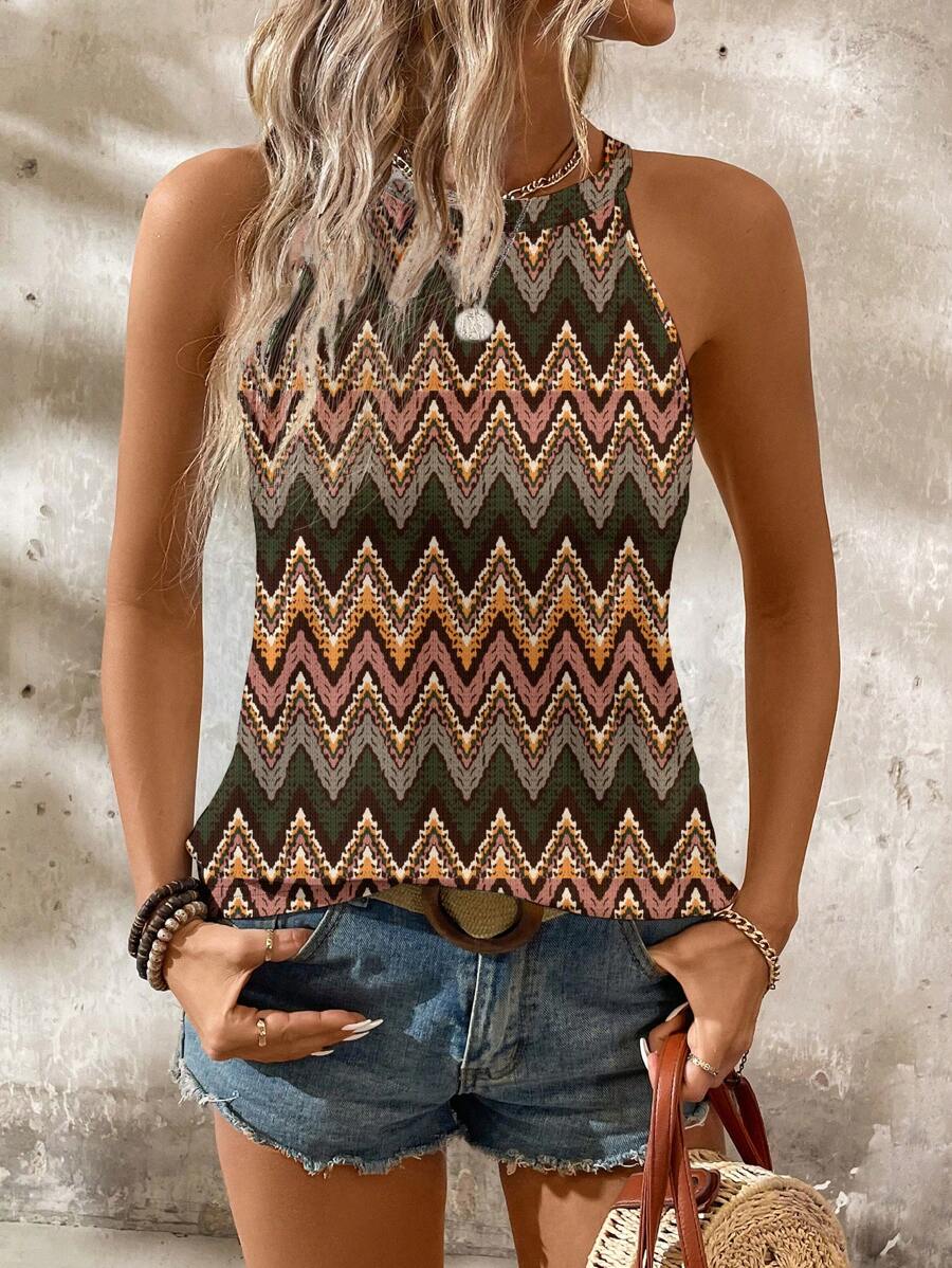 SHEIN LUNE Plus Size Vacation Textured Striped Print Casual Loose Halter Top