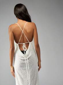 MISSGUIDED Sequin Plunge Neck Halter Evening Gown Draped Front Wedding Reception Dress Special Occasion Floor Length Fishtail Dress Formal Prom Ball Gown - White - View 6