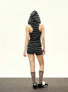 Rina Fox Vintage Striped Hooded Sleeveless Shorts Set