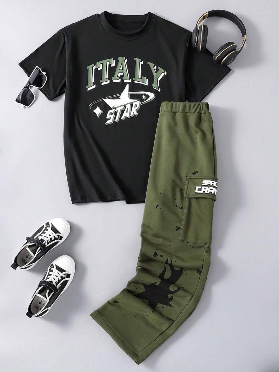 SHEIN Explorewe 2pcs Black Printed Short Sleeve T-Shirt And Khaki Printed Long Pants, Teenager Casual Fashion Set