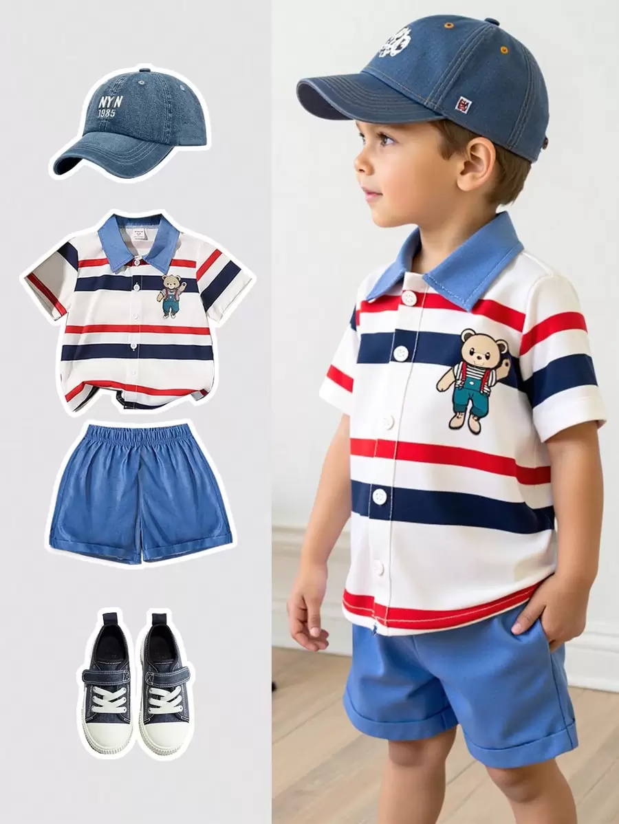 SHEIN 2 件套年轻男孩夏季短袖 Polo 领单排扣卡通熊条纹衬衫上衣和牛仔效果短裤套装，适合上学、休闲装和外出 - 彩色 - 查看 1