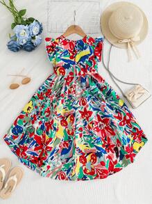 SHEIN Young Girls Daily Casual Ditsy Floral Round Neck Woven Dress - Blue - View 2