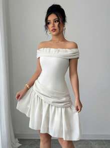 SHEIN Unity Off-Shoulder Ruched Waist Flowy Chiffon Dress, Slimming - Apricot - View 3