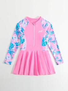 Tween Girl Tropical Print Patchwork One-Piece Swimsuit, Beach Vacation - Baby Pink - View 4