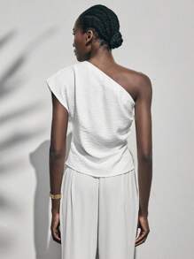 Lumivelle Women's Elegant Fashionable White Pleated Loose Shoulder Blouse, Romantic