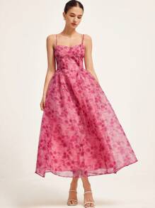 Aveloria Rosie 女式度假欧根纱随机花卉印花细肩带连衣裙优雅时尚风格全印花淡粉色夏季 - 粉色 - 查看 5