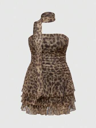 Hippie Women's Retro Bohemian Leopard Print Ruffle Hem Mini Dress