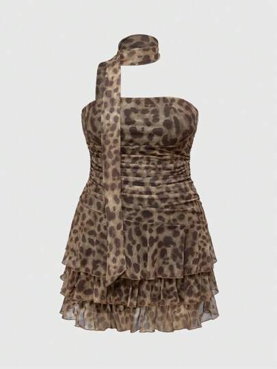 Hippie Vestido mini con volantes y estampado de leopardo, estilo bohemio retro para mujer