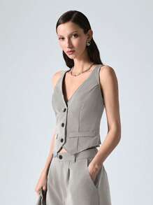 SHEIN EZwear 3 件套女士秋季办公室服装套装：浅灰色编织西装外套、背心和裤子，简约风格 - 淺灰色 - 查看 10
