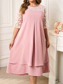 SHEIN Clasi Vestido de mujer de talla grande elegante con bordado, patchwork y bloque de color sin mangas, para uso romántico y casual, vestidos de primavera/verano para mujeres, vestido de verano, vestido rosa, vestidos de talla grande, vestidos para mujer, vestido elegante rosa para mujer, vestido fluido, vestidos para fiesta de mujer, vestidos midi para mujer, vestidos de talla grande para mujer, vestidos de verano para mujer, vestidos modestos para mujer, vestido de encaje