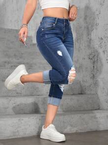 SHEIN EZwear Women's Pocketed Ripped Skinny Casual Versatile Capri Denim Jeans - Dark Wash - View 6