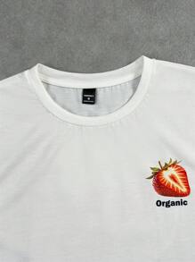 Manfinity VCAY Unisexe T-shirt oversize à col rond à manches courtes avec imprimé fraise, adapté pour un port quotidien - Blanc - Voir 3