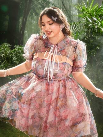 Lyrianda 大码欧式公主宫廷风格泡泡袖超短上衣 + 欧根纱玫瑰印花公主裙 2 件套装，生日礼服