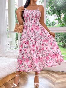 Flirla Plus Size Floral Print Cami Dress With Ruffled Hem For Summer Trip Maxi Vacation Beach Outfits Women - Multicolor - View 3