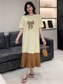 DAZY 女式蝴蝶结拼接圆领短袖荷叶边下摆迷你连衣裙夏季太阳裙，休闲女装