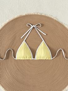 Swim Mod 复古假日海滩淡黄色饰边混色特殊面料女式连体泳衣上衣 - 黃色 - 查看 5