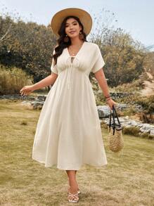 SHEIN LUNE 大码女式 100% 纯棉 V 领系腰中长连衣裙 夏季 - 杏色 - 查看 6