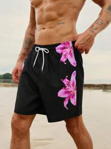 Manfinity Swimmode Men's Floral Print Drawstring Waist Beach Shorts,Hawaiian - Multicolor - View 6