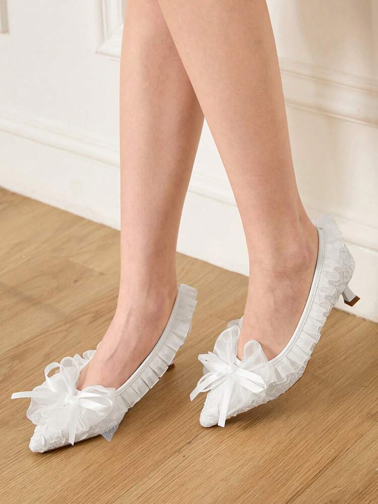 CUCCOO HITCHD Pointed Toe Low Heeled Pearl Lace White Wedding Shoes, Elegant Women's High Heel Pumps