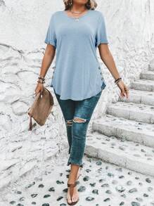 SHEIN Clasi Plus Size Women's Solid Color Round Neck Short Sleeve Side Button Casual T-Shirt - Baby Blue - View 7
