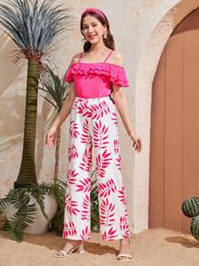 2pcs Chic Teenager Vacation Style High-End Ruffled Top & High Waist Wide Leg Printed Pants Set - Hot Pink - View 4