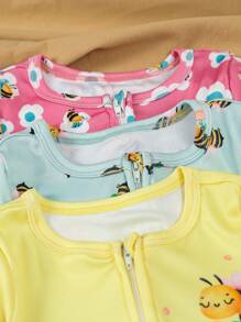 3 Stücke Baby/Baby Mädchen süßer Bienen-Muster Kurzarm-Jumpsuit Outfit mit Reißverschluss, eng anliegender Romper