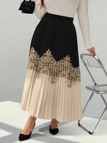 SHEIN LUNE Plus Size Elegant Contrast Color Patchwork Retro Print Pleated A-Line Skirt, Autumn Maxi Women - Multicolor - View 4