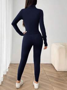 SHEIN EZwear 3 件套女士海军蓝针织运动套装 - 藏蓝色 - 查看 3