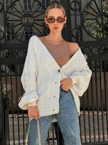EURMUSE Cable Knit Drop Shoulder Button Front Cardigan - White - View 3