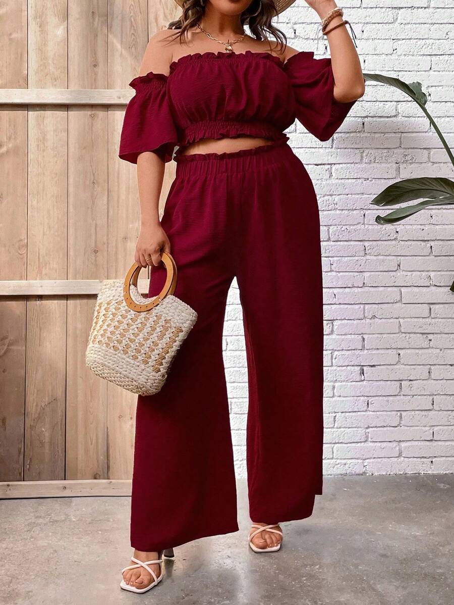 Breezaya 2pcs/Set Plus Size Casual Solid Color Shoulder Top And Long Pants - Burgundy - View 1