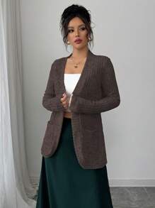 Elenzga Women's Casual Ribbed Knit Side Pockets Jacket, Outwear - Chocolate Brown - View 4