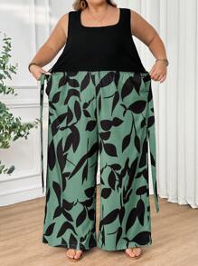 SHEIN CURVE+ Plus Size Women's Belt Printed Patchwork Casual Jumpsuit, Summerbeach Outfits For Woman/Beach Dress/Beach Vacation Outfits/Beach Essentials / Graduation/Tea Party Dress