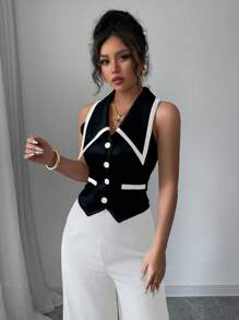 Elenzga Elegant Colorblock Sleeveless Blouse, Summer - Black - View 3