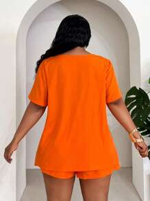 Slaydiva Conjunto de 2 piezas de mujer talla grande con camiseta suelta naranja brillante y shorts, adecuado para vacaciones en la playa