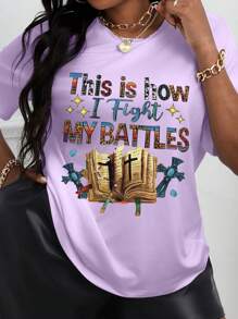 Maweii Áo thun cổ tròn in chữ tiếng Anh cỡ lớn Quần áo mùa hè cho nữ Đây là cách tôi chiến đấu Áo thun họa tiết MY BATTLES dành cho nữ - Màu tím - Xem 1