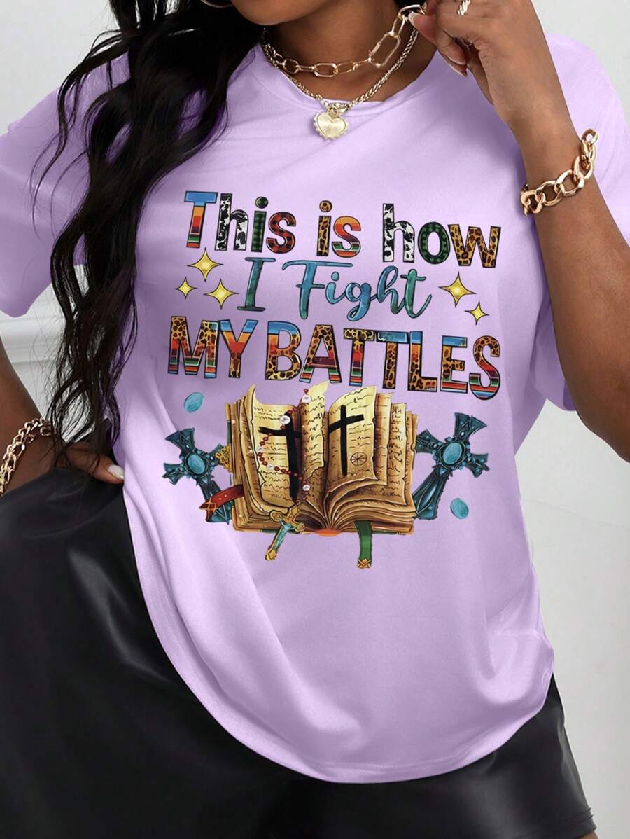 Maweii Áo thun cổ tròn in chữ tiếng Anh cỡ lớn Quần áo mùa hè cho nữ Đây là cách tôi chiến đấu Áo thun họa tiết MY BATTLES dành cho nữ - Màu tím - Xem 1