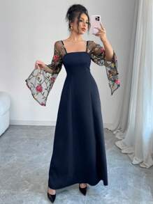 Elenzga Abito lungo attilliato da donna con vita aderente, patchwork in rete e ricamo a rose senza spalline