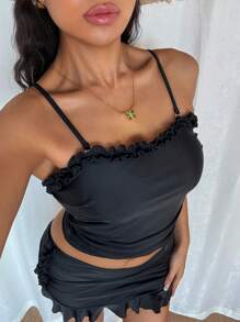 SHEIN Women 3pcs Ruffled Strap Rivet Decor Tankini Bathing Suit, Black For Summer Beach Vacation - Black - View 6