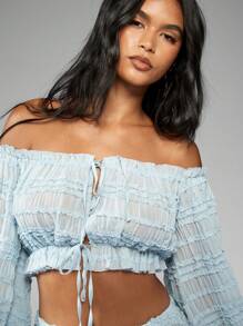 MISSGUIDED Off Shoulder Ruched Crop Top Balloon Sleeve Summer Spring Beach Boho Festival Peasant Blouse Shirred Elastic Ruffle Party Evening