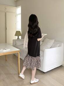 SHEIN 少女休闲几何图案拼布圆领短袖针织迷你连衣裙春夏季 - 黑色 - 查看 2