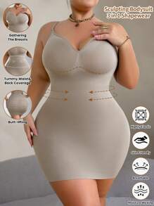 1pc Plus Size Solid Color Camisole Seamless Shaping Slip Dress - Mocha Brown - View 4