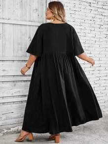 SHEIN CURVE+ 大码女式休闲黑色纯棉面料 V 领短袖娃娃教师连衣裙波西米亚风度假