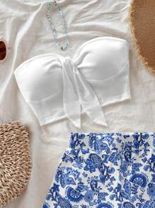 Soleia 女士沙滩装复古佩斯利印花露肩短款上衣和短裤两件套，夏季服装