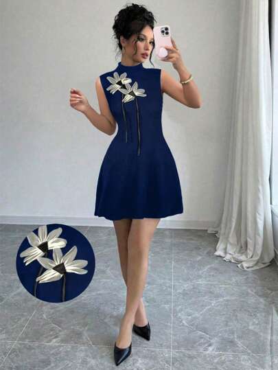 Elenzga Vestido corto casual de verano elegante con decoración floral 3D para mujer