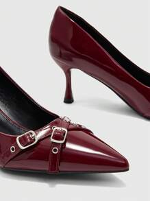 CUCCOO BIZCHIC 女士时尚漆皮尖头高跟鞋，带扣装饰，适合通勤、约会、聚会和其他场合 - 酒紅色 - 查看 7