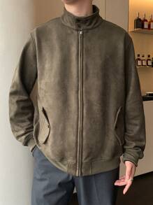 Manfinity Dauomo Veste décontractée à zip et manches longues de couleur unie pour homme - Tabac - Voir 3