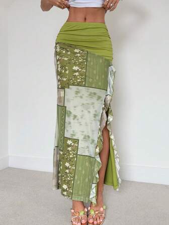 Roylia 女士优雅度假波西米亚风网眼印花纯色拼接开衩下摆半身裙