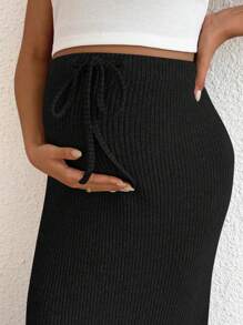 SHEIN Maternity Adjustable Waist Drawstring Tank Top And Fitted Skirt 2 Pieces Set - Black - View 4